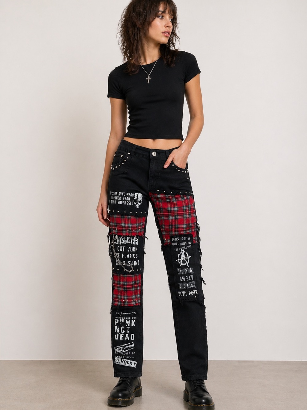 Anarchy black patchwork denim men jeans pants red plaid beaded skulls chains 32